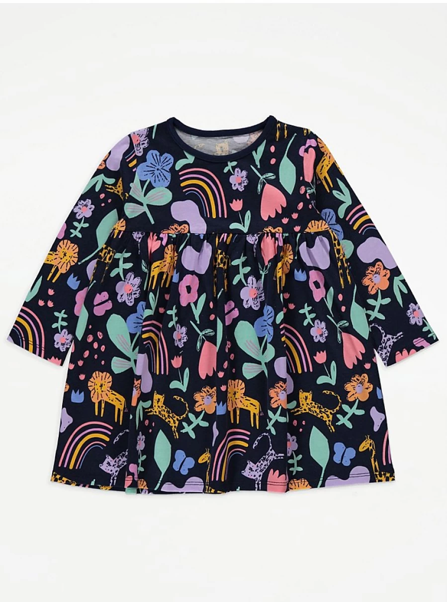 "George at Asda Girls' Bright Animal Print Long Sleeve Dress – Kids' Comfortable & Stylish Outfit"