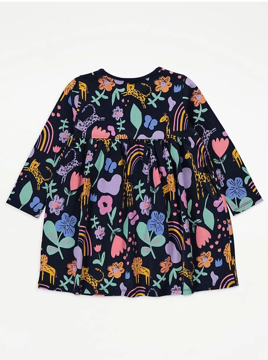 "George at Asda Girls' Bright Animal Print Long Sleeve Dress – Kids' Comfortable & Stylish Outfit"