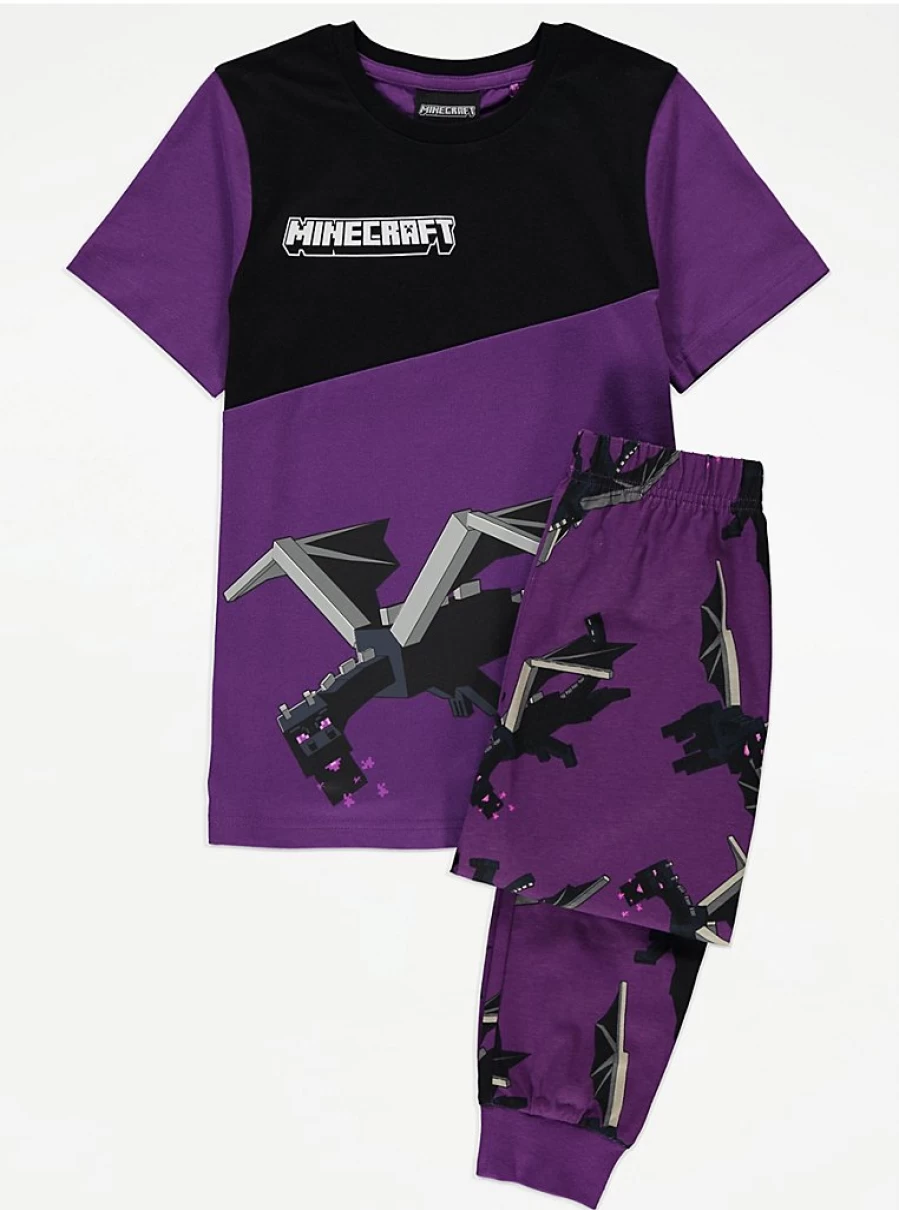 "George at Asda Kids' Minecraft Purple Ender Dragon Short Sleeve Pajamas – Comfortable & Fun Sleepwear"
