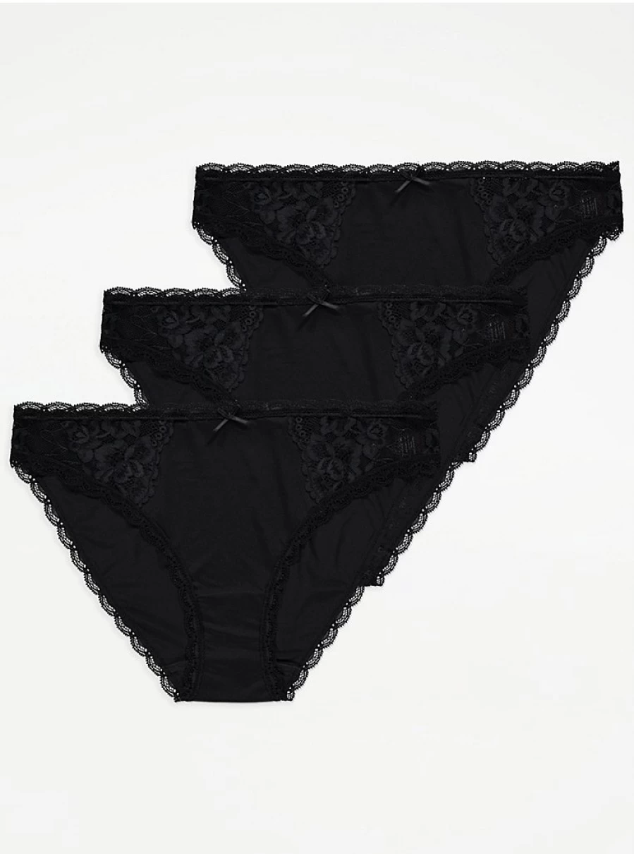 George at Asda Black Lace High Leg Knickers 3-Pack - Women's Lingerie Set