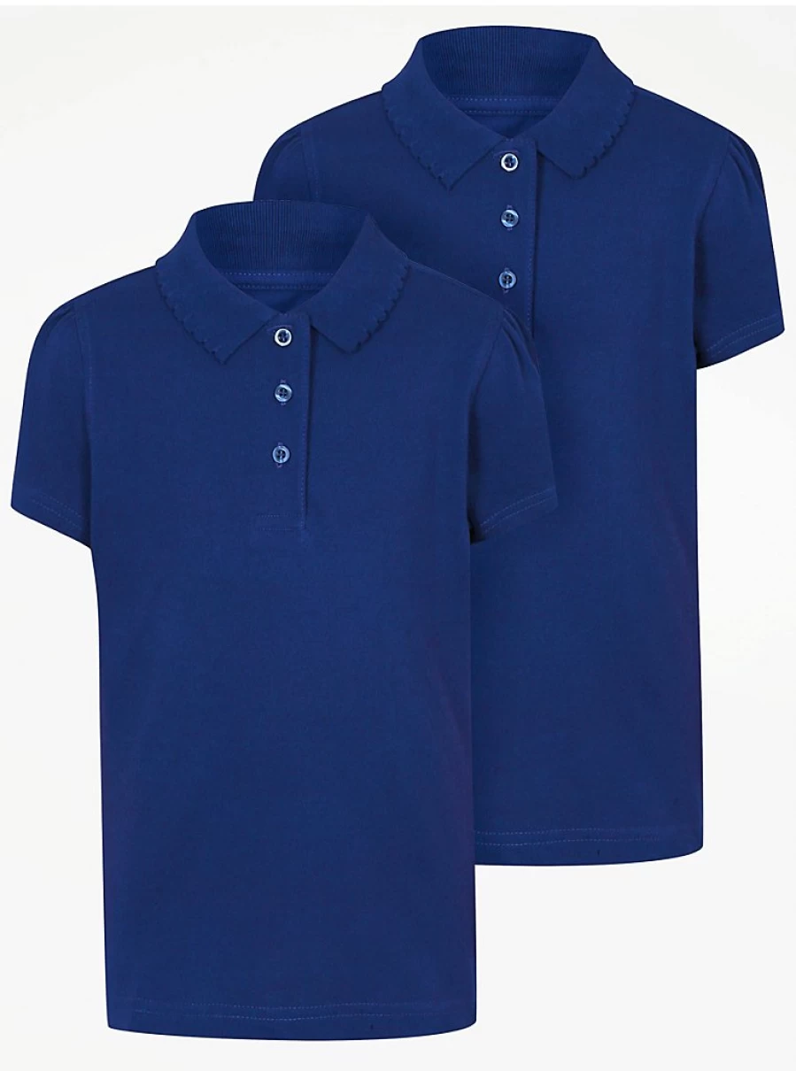 "George at Asda Girls' 2-Pack Cobalt Blue Scallop Edge Short Sleeve Polo Shirts for School"