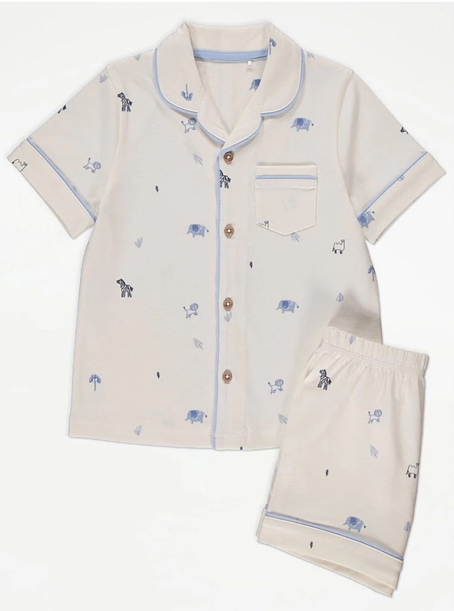 "George at Asda Kids' Cream Safari Animal Print Short Sleeve Pyjamas – Comfortable & Fun Pajamas"