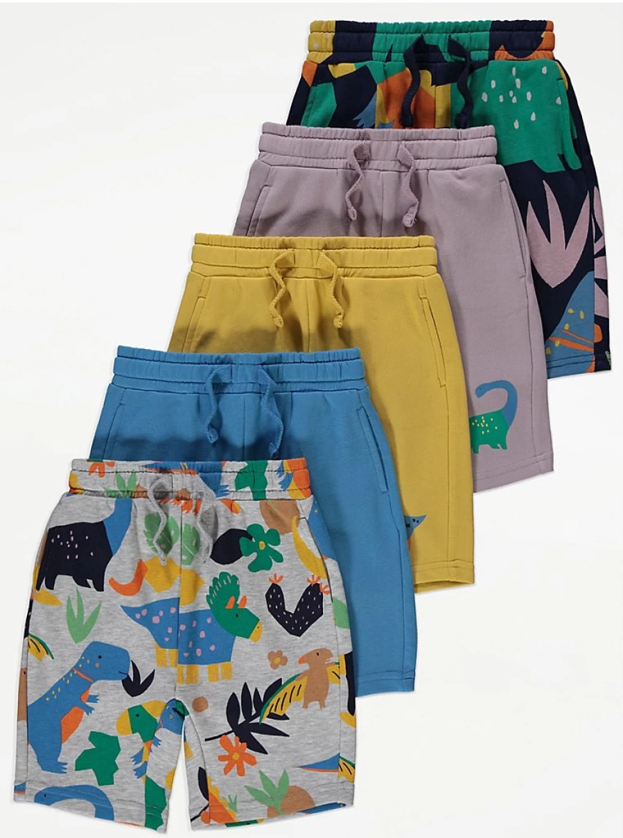 "George at Asda Boys' Dinosaur Sweat Shorts 5-Pack | Kids' Comfort Play Shorts"