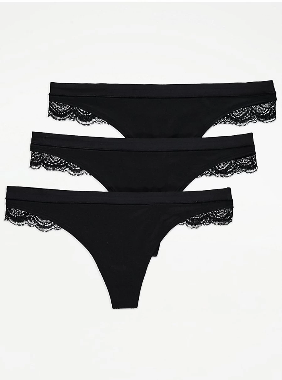 George at Asda Black Lace Trim Comfort Thongs 3-Pack - Soft Women's Underwear Briefs