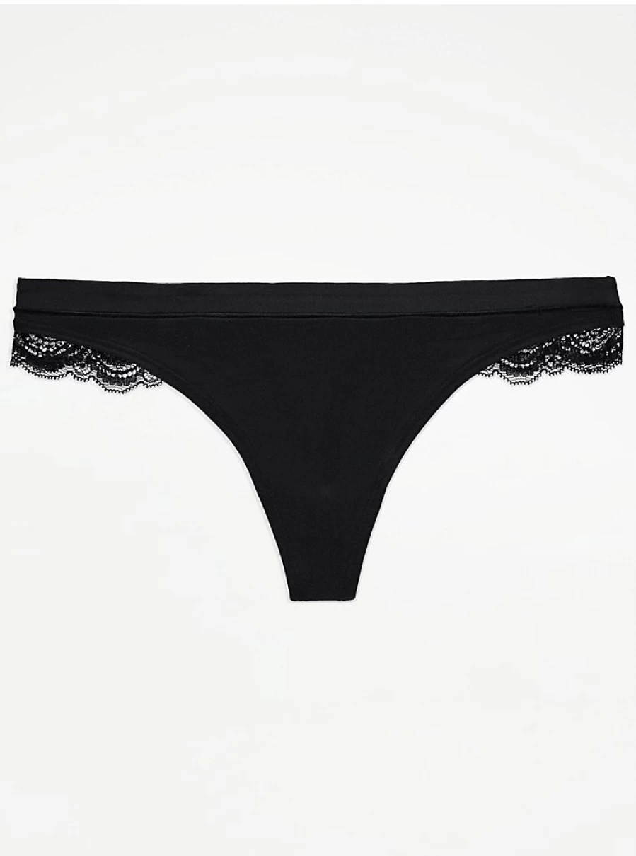 George at Asda Black Lace Trim Comfort Thongs 3-Pack - Soft Women's Underwear Briefs