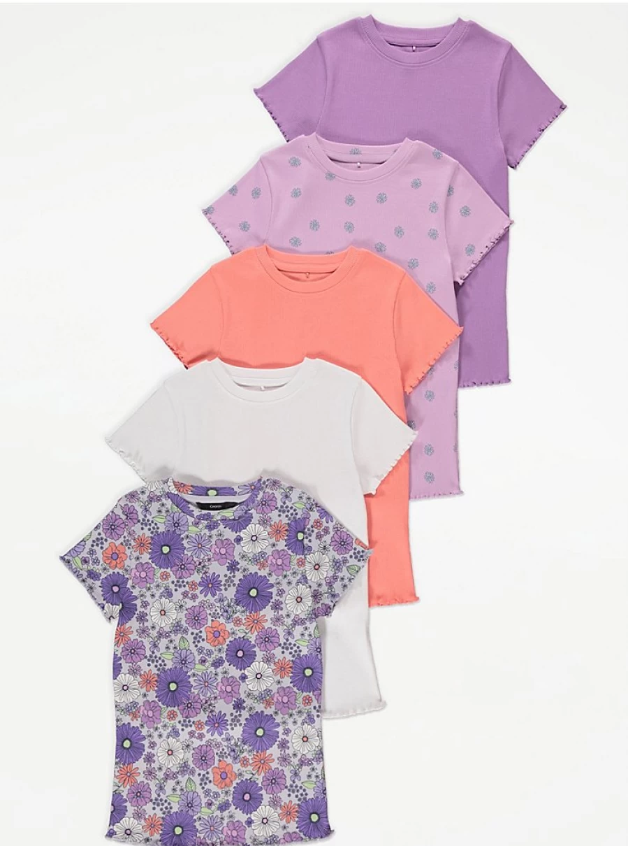 "George at Asda Girls' Purple Ditsy Floral Rib T-Shirts 5-Pack | Kids' Floral Print Tops"