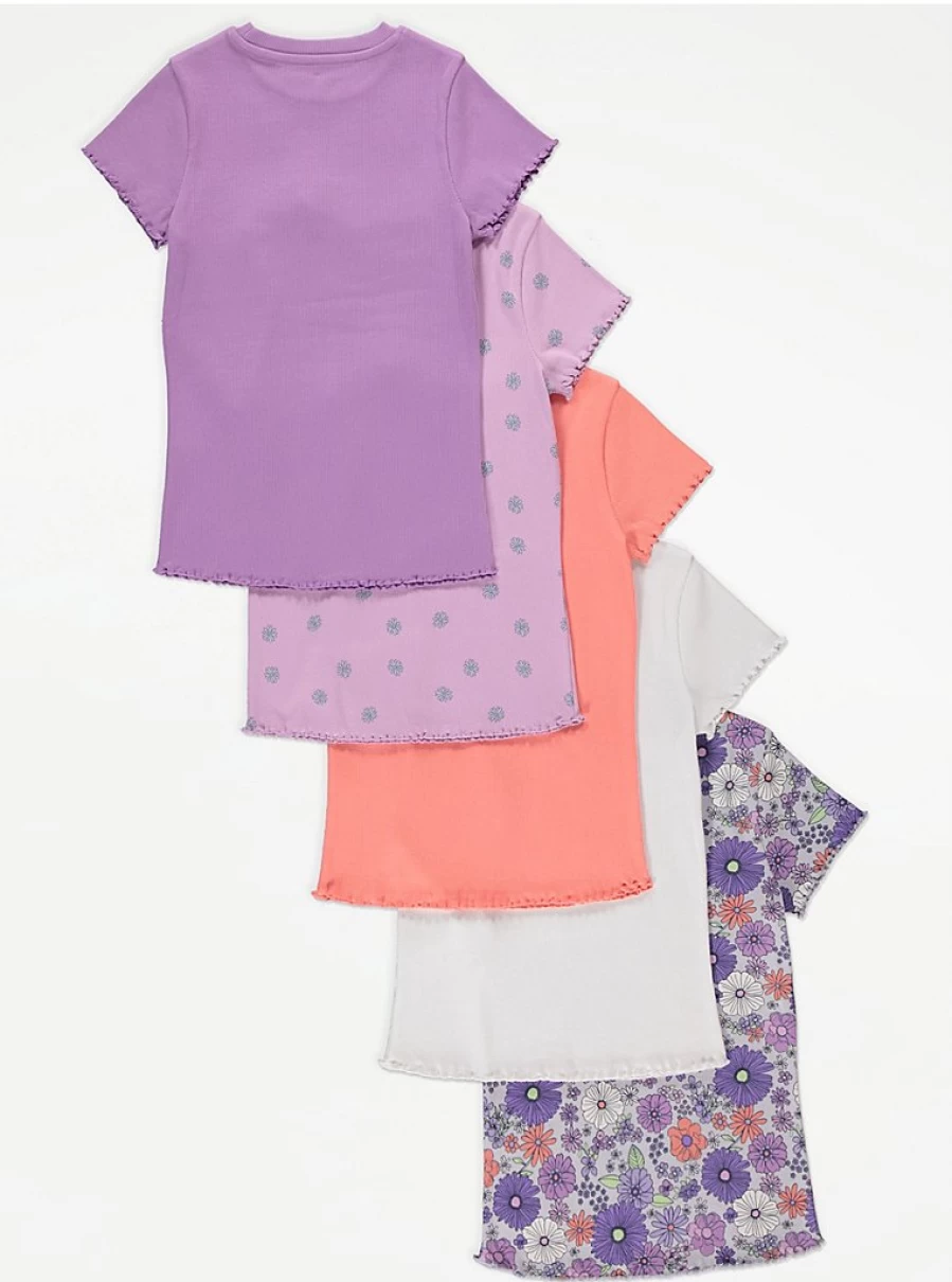 "George at Asda Girls' Purple Ditsy Floral Rib T-Shirts 5-Pack | Kids' Floral Print Tops"