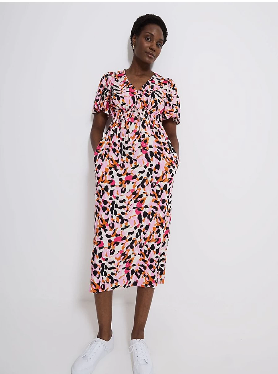 Bright Flared Sleeve V-Neck Midi Dress for Women | George at Asda | Animal Print Summer Dress