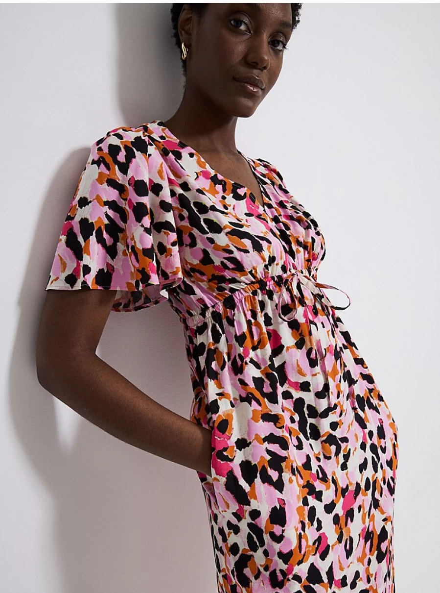 Bright Flared Sleeve V-Neck Midi Dress for Women | George at Asda | Animal Print Summer Dress