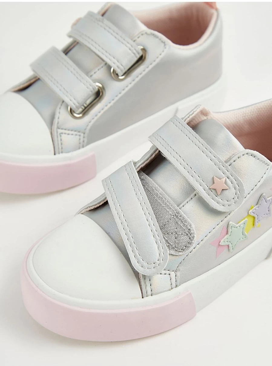 "George at Asda Kids' Silver Shimmer Star Double Strap Trainers – Lightweight & Comfortable Sneakers"