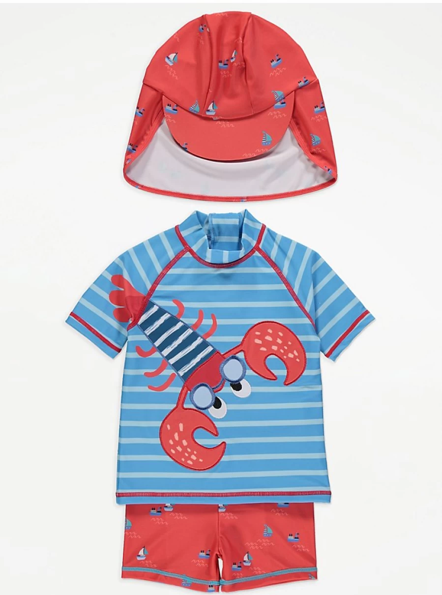 "George at Asda Baby Boys' Lobster Stripe Swim Set with Trunks, Top, and Keppi Hat 3-Piece"