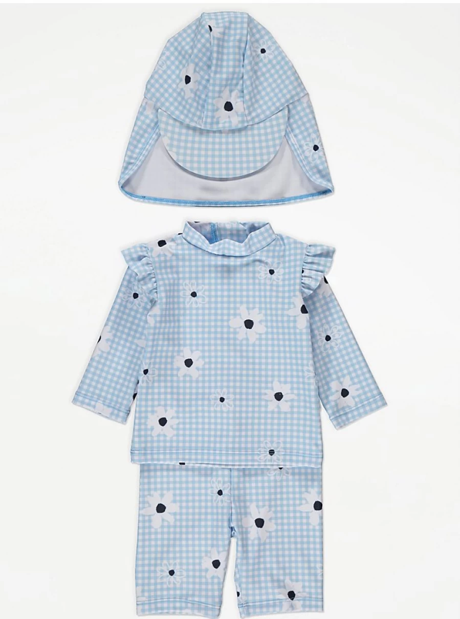 "George at Asda Baby Blue Gingham Daisy Sun-Safe Swim Set with Shorts and Keppi Hat"