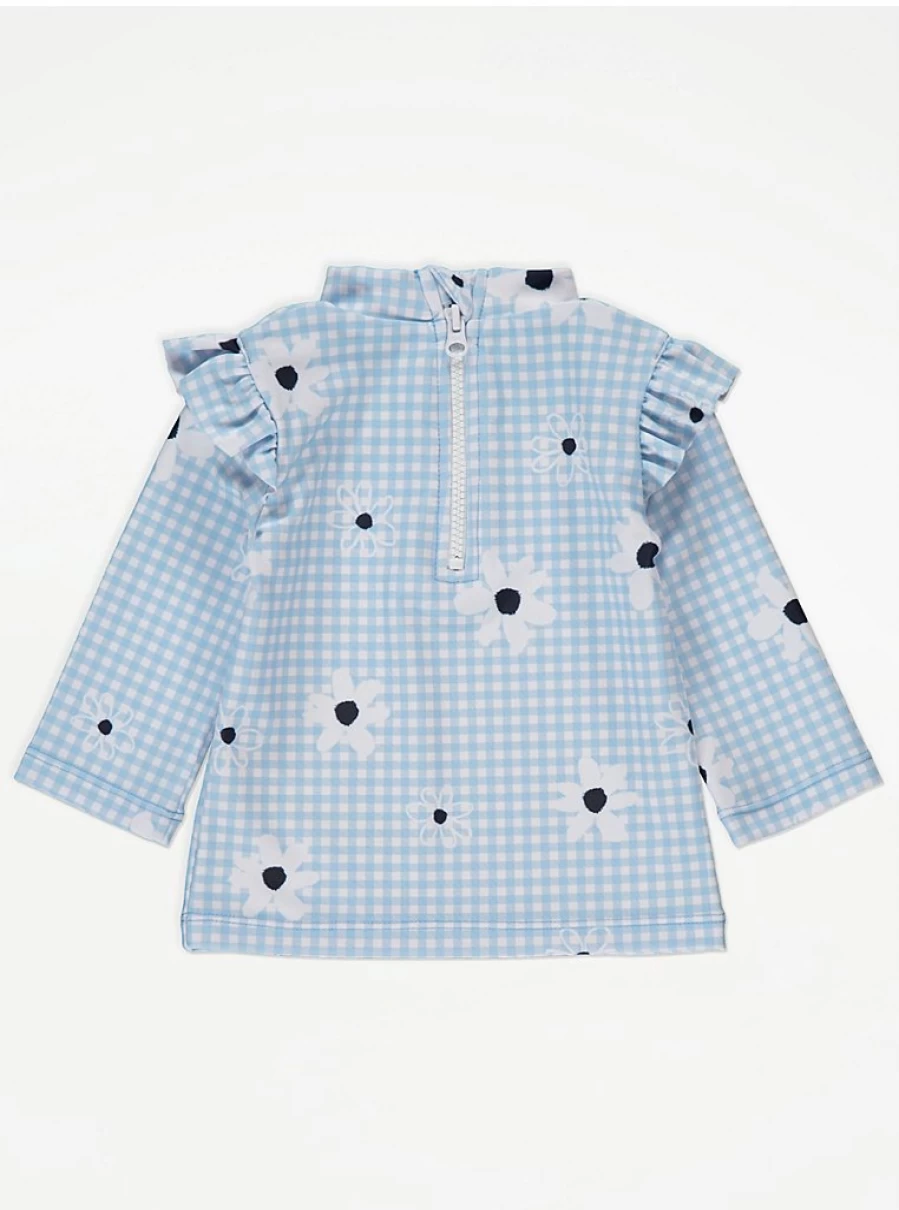 "George at Asda Baby Blue Gingham Daisy Sun-Safe Swim Set with Shorts and Keppi Hat"