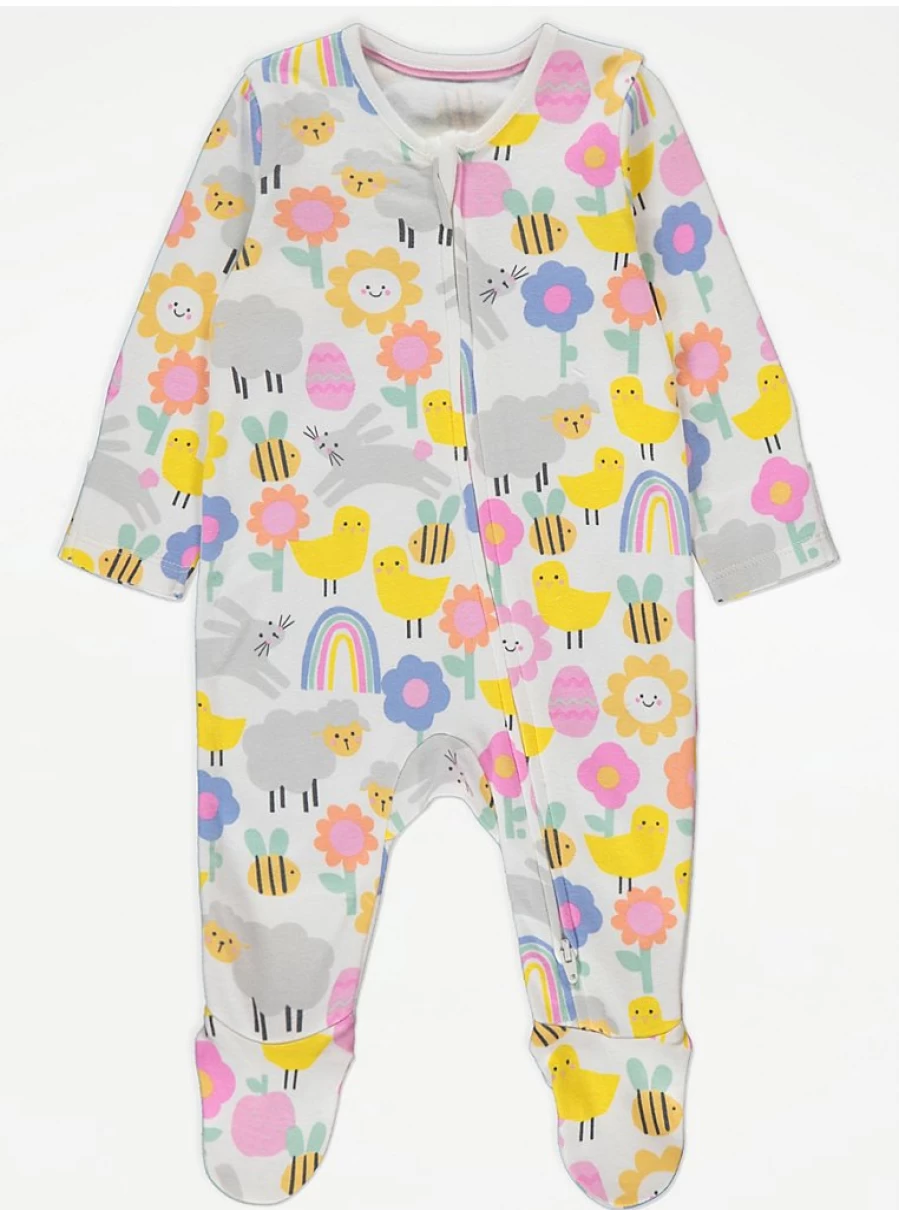 "George at Asda Baby White Fun Print 2-Way Zip Sleepsuit – Comfortable & Easy Fasten Pajamas"