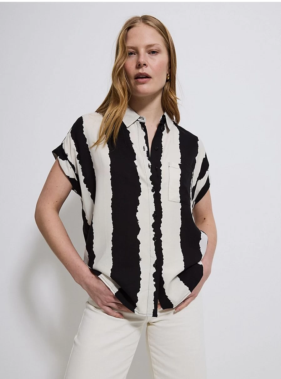 Women's Stylish Blurred Stripe Short Sleeve Shirt with Pocket - George at Asda