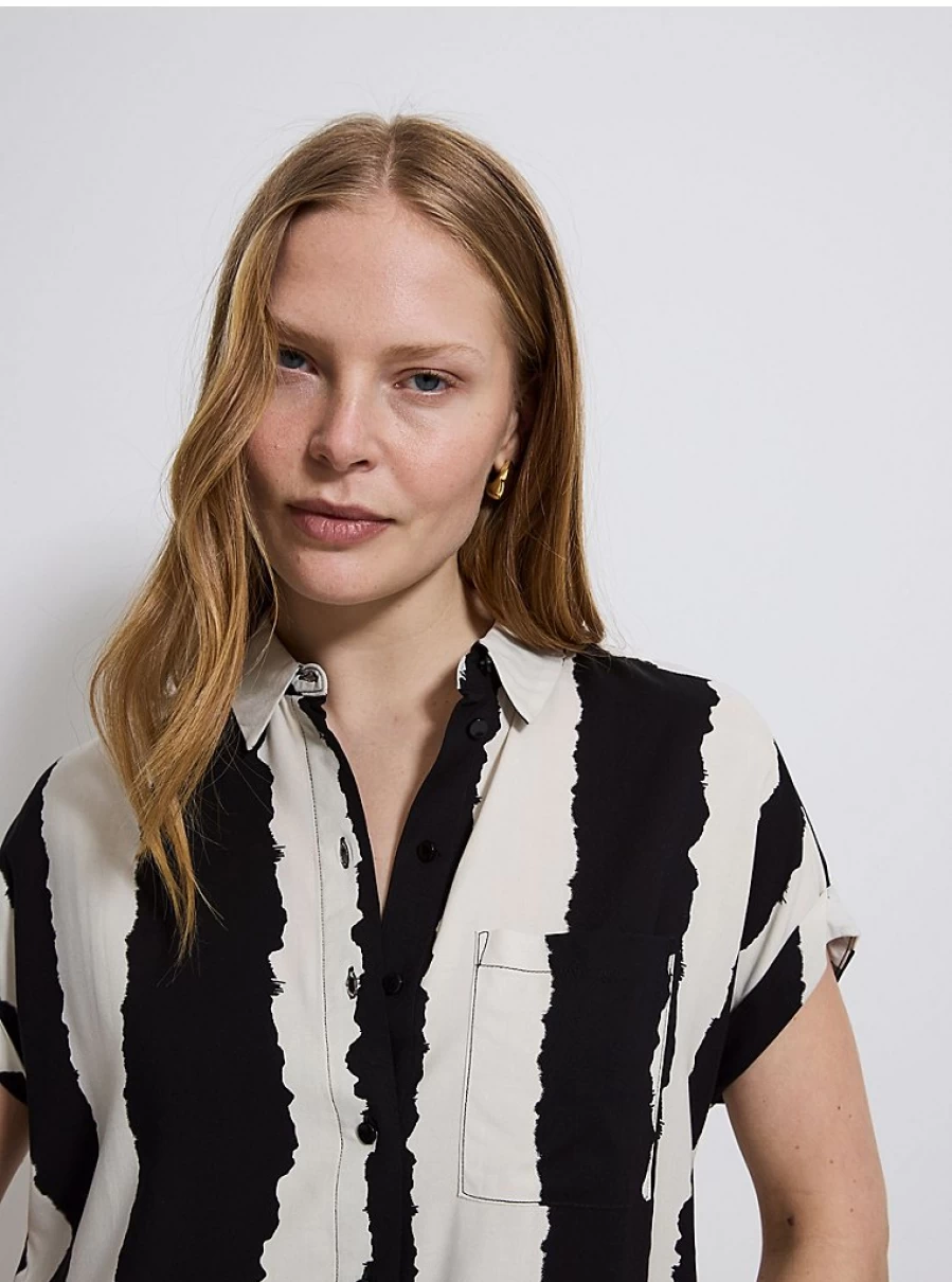 Women's Stylish Blurred Stripe Short Sleeve Shirt with Pocket - George at Asda