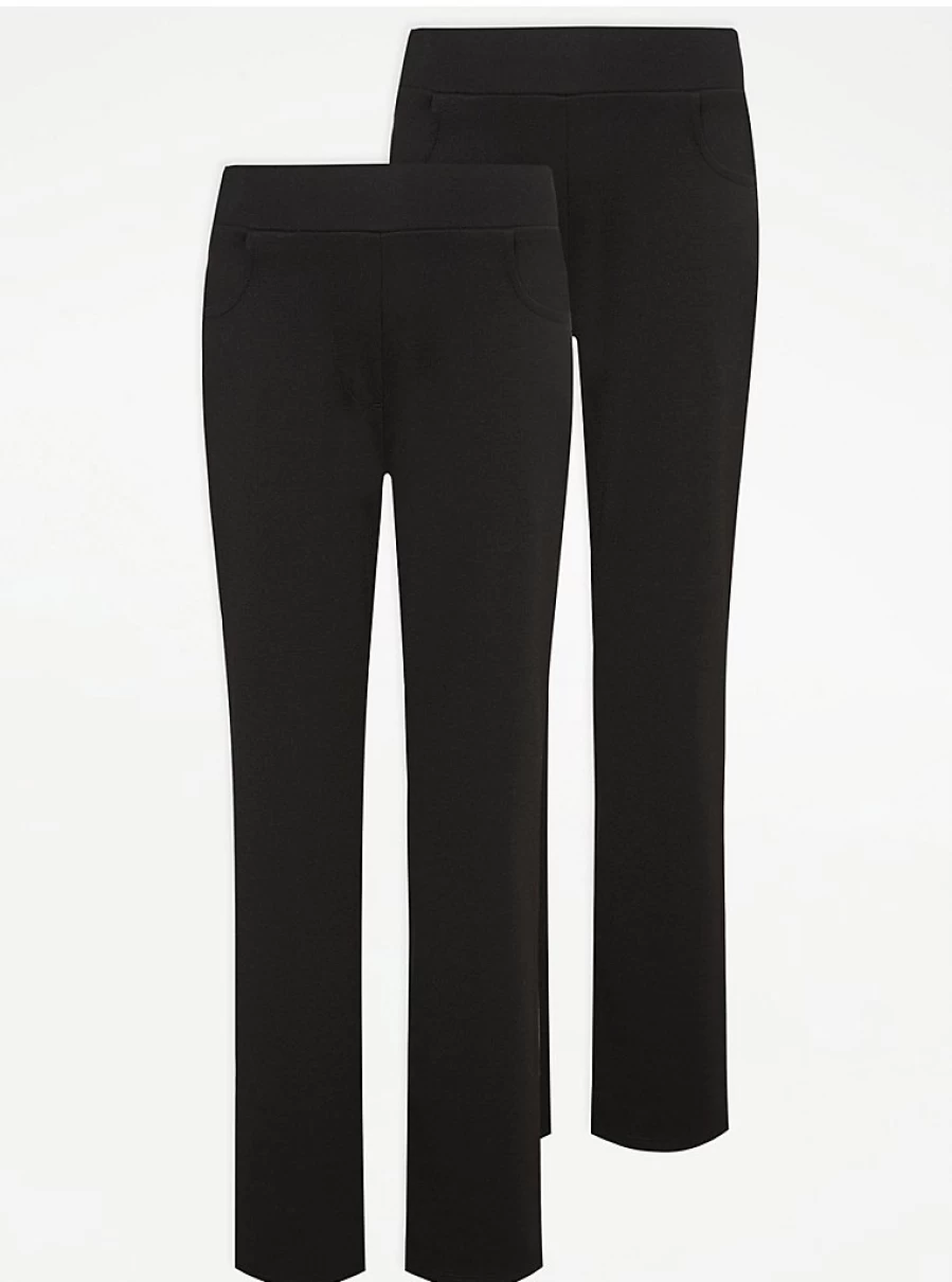 "George at Asda Girls' Black School Trousers 2-Pack – Straight Leg, Longer Length Jersey Pants"