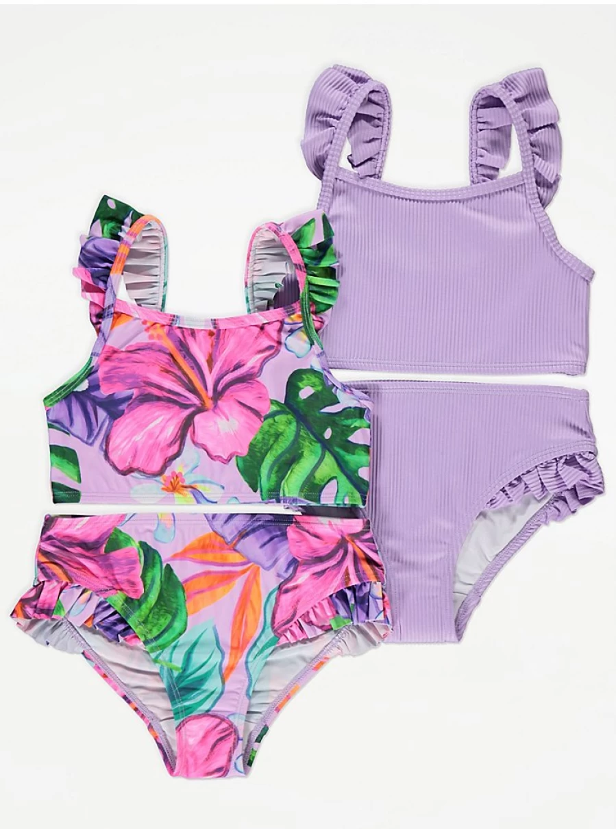 Girls' Lilac Tropical Frill Bikini 2-Pack | Strappy Swimwear Set | George at Asda