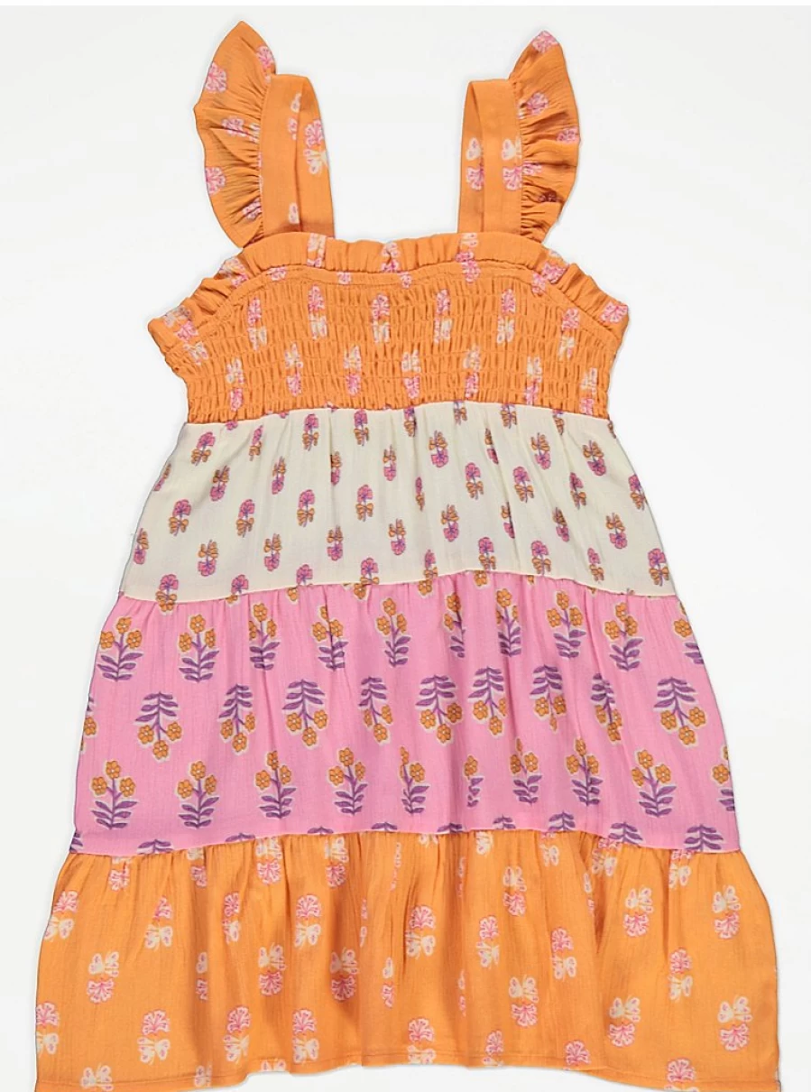 "George at Asda Girls' Bright Floral Patchwork Dress with Frill Sleeves and Tiered Design"