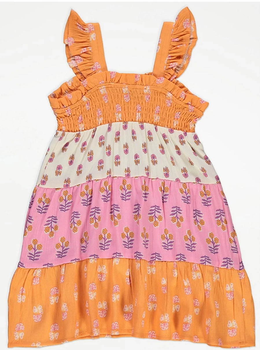 "George at Asda Girls' Bright Floral Patchwork Dress with Frill Sleeves and Tiered Design"
