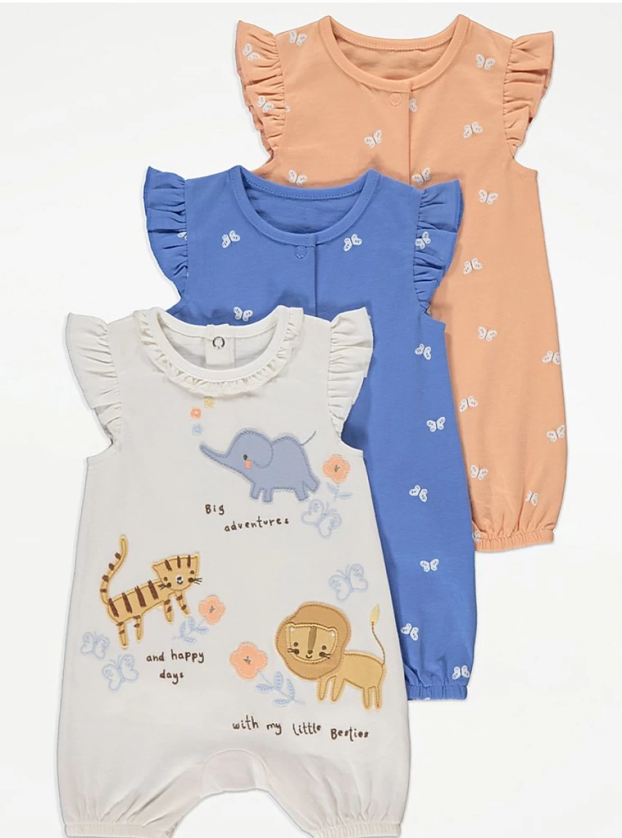 "George at Asda Baby Safari Animal & Butterfly Romper 3-Pack – Soft Cotton Outfit Set"