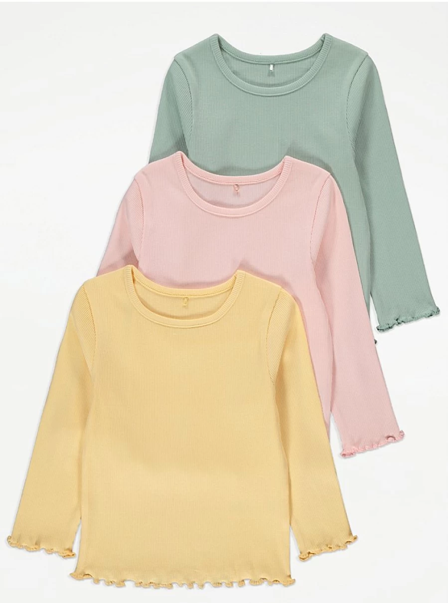 "George at Asda Girls' Pastel Ribbed Long Sleeve Tops 3-Pack | Soft Kids T-Shirts"