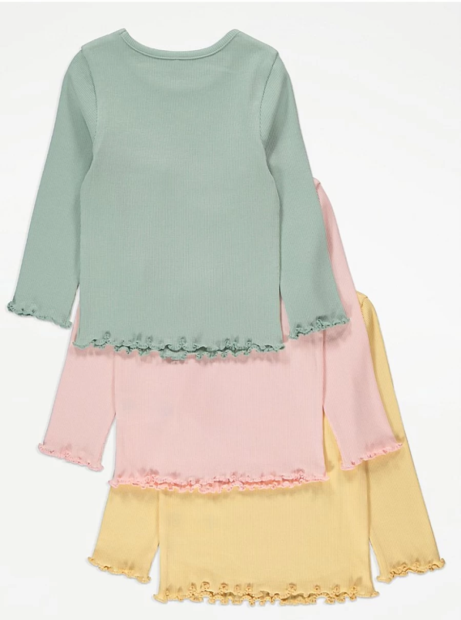 "George at Asda Girls' Pastel Ribbed Long Sleeve Tops 3-Pack | Soft Kids T-Shirts"