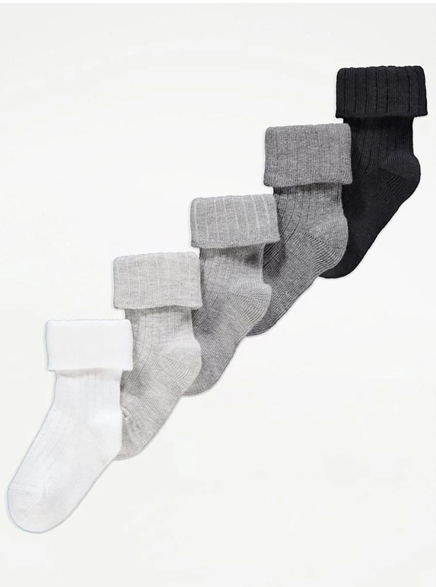 "George at Asda Baby Grey Ribbed Folded Top Socks 5-Pack | Soft & Comfortable"