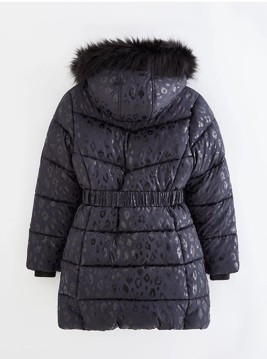 Navy Leopard Print Belted Longline Padded Coat for Kids by George at Asda