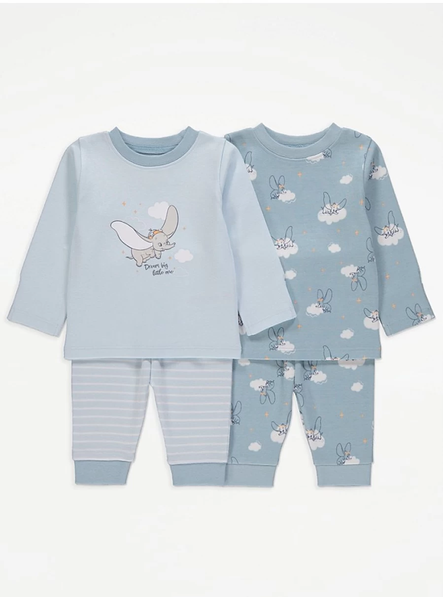 George at Asda Baby Boys' Disney Dumbo Blue 2-Pack Long Sleeve Pyjamas - Soft Cotton Sleepwear Set