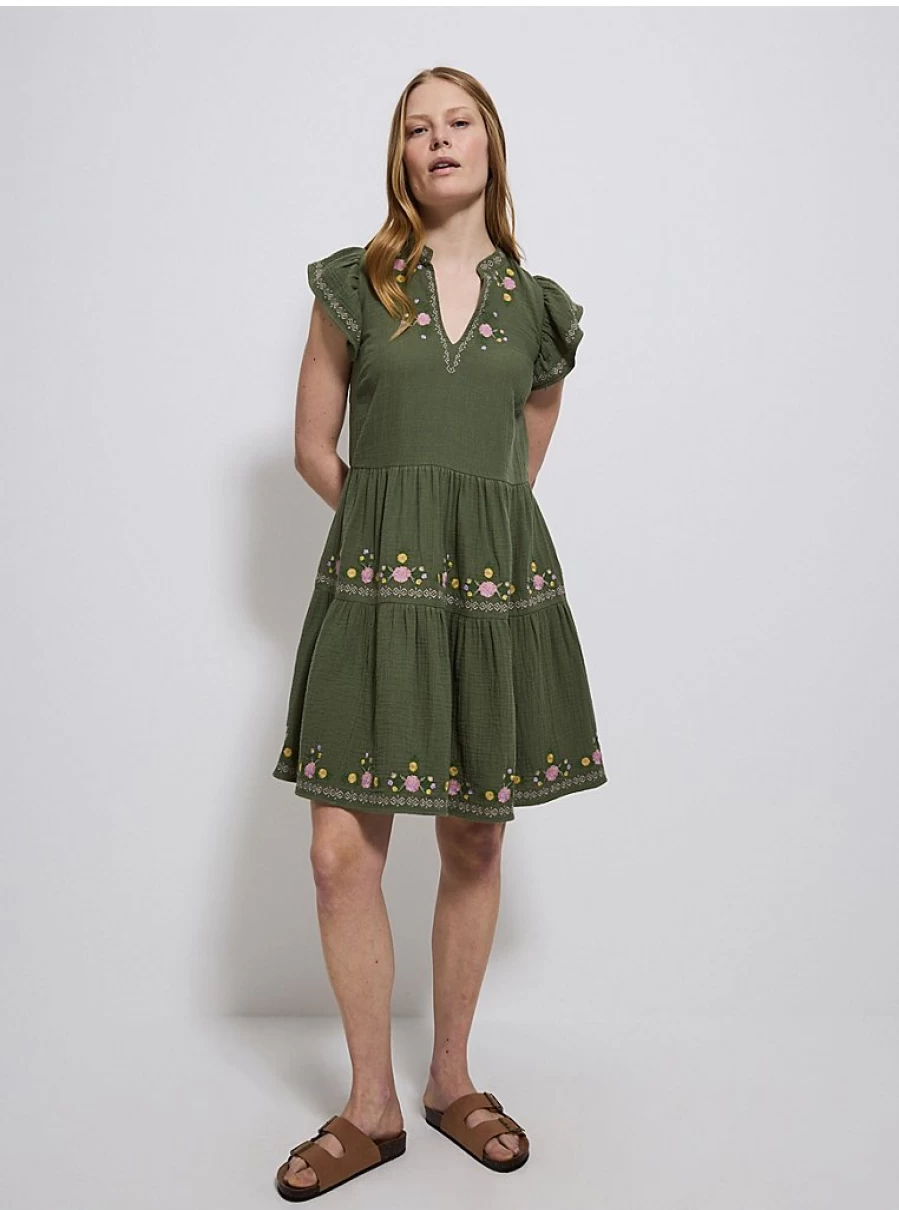 "George at Asda Women's Khaki Embroidered Floral Tiered Mini Dress – Stylish & Comfortable"