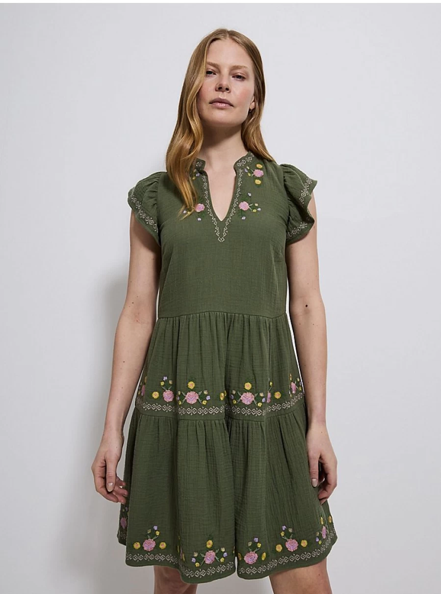 "George at Asda Women's Khaki Embroidered Floral Tiered Mini Dress – Stylish & Comfortable"
