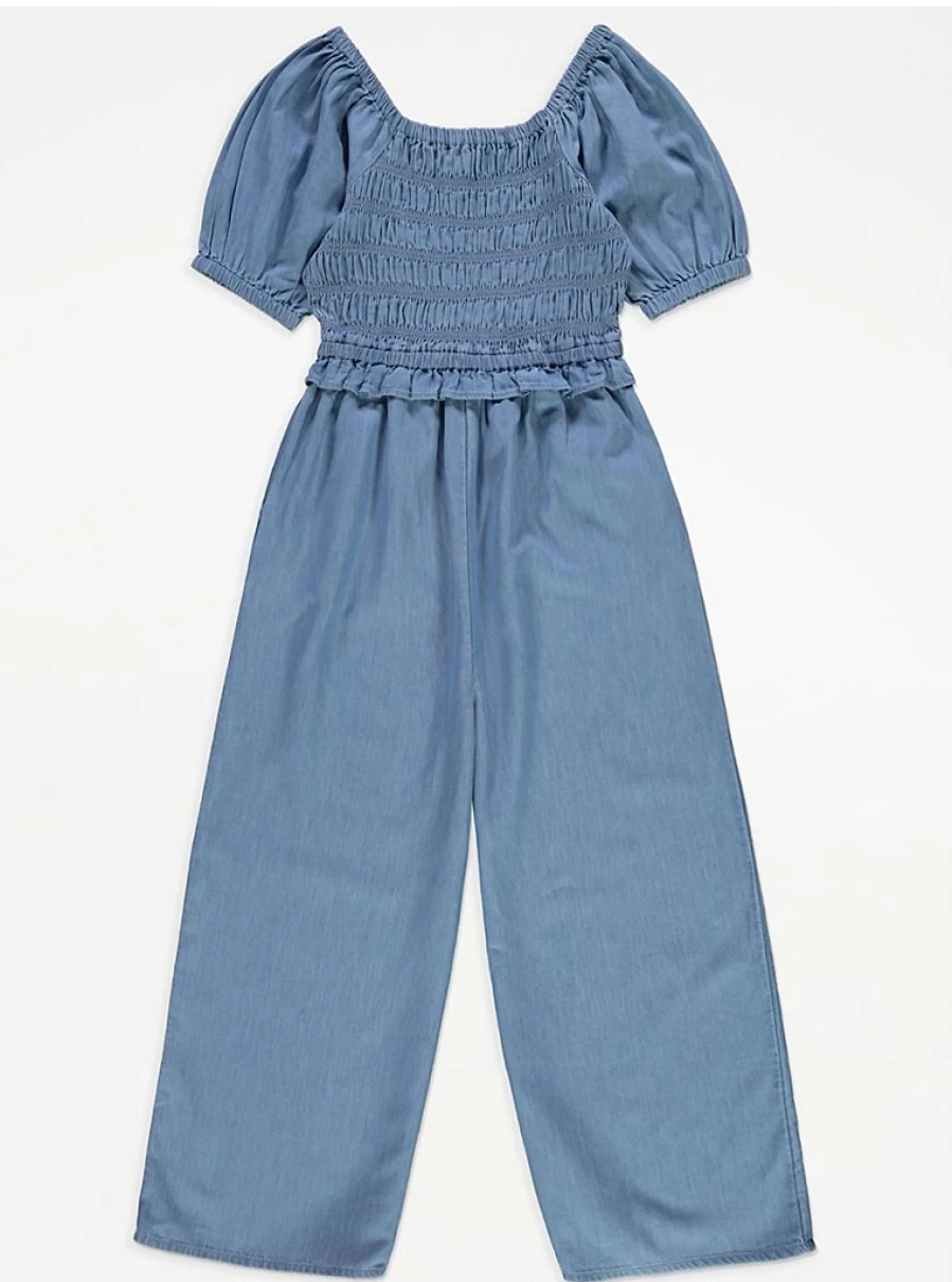 "George at Asda Girls Denim Jumpsuit with Shirred Detail and Puff Sleeves – Wide Leg Style Review"