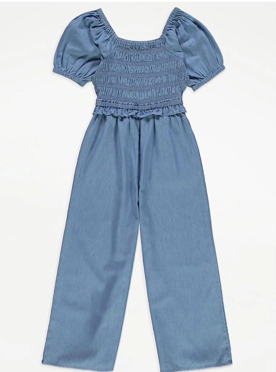 "George at Asda Girls Denim Jumpsuit with Shirred Detail and Puff Sleeves – Wide Leg Style Review"