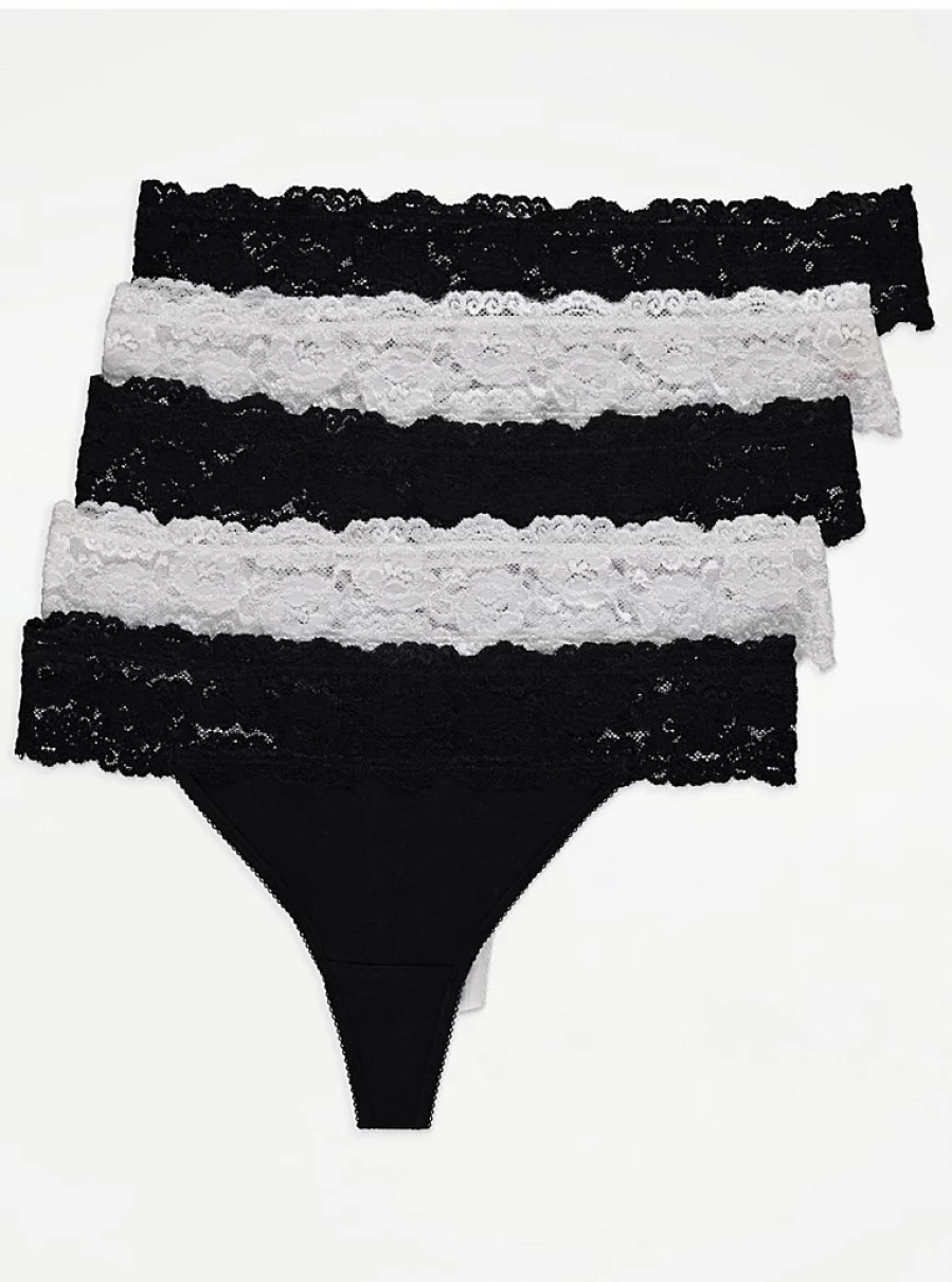 "George at Asda Lace Trim Thongs 5-Pack | Comfortable Lingerie Set | Women's Underwear"