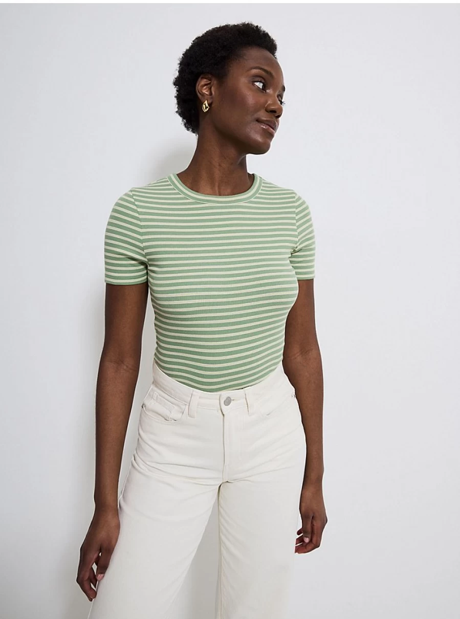 Women's Green Striped Ribbed Short Sleeve T-Shirt | George at Asda