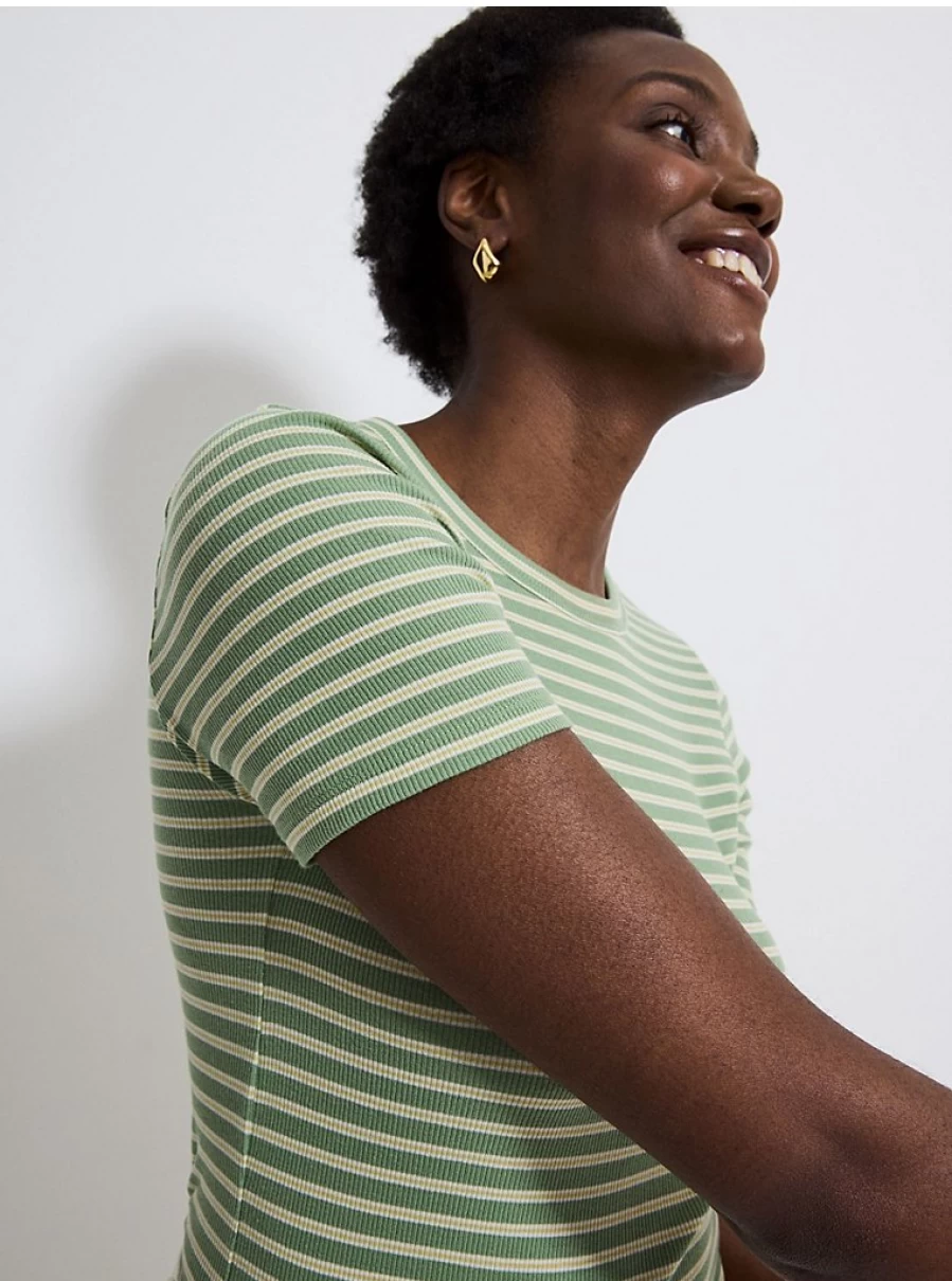 Women's Green Striped Ribbed Short Sleeve T-Shirt | George at Asda