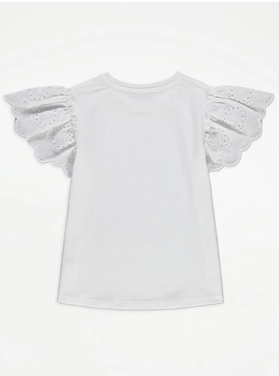 "George at Asda Kids' White Broderie Frill Sleeve T-Shirt – Comfortable & Stylish"