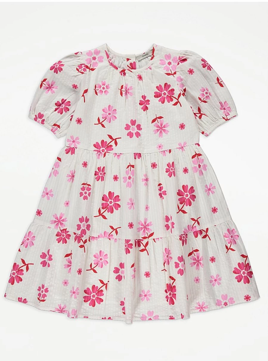 "George at Asda Girls Pink Floral Crepe Puff Sleeve Tiered Dress – Cute Kids Party Outfit"