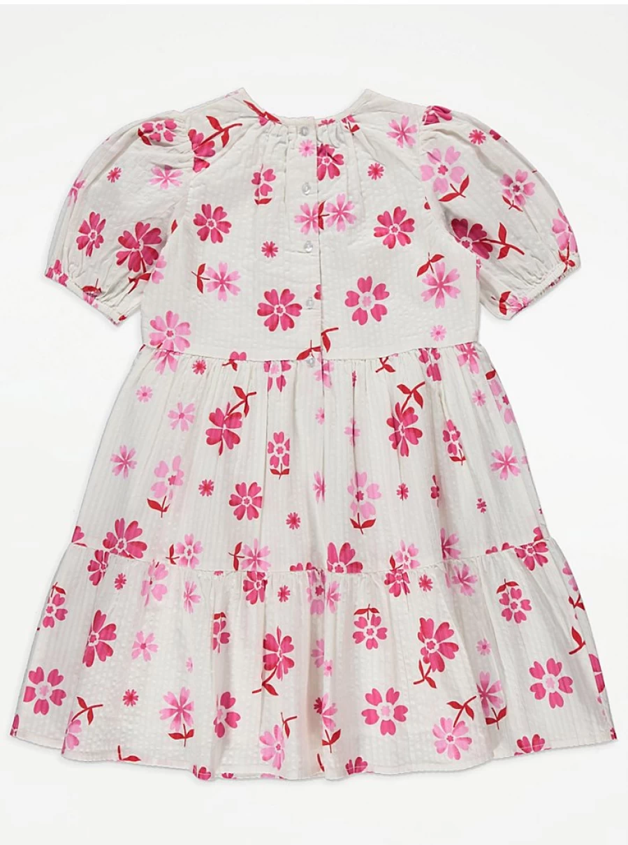 "George at Asda Girls Pink Floral Crepe Puff Sleeve Tiered Dress – Cute Kids Party Outfit"