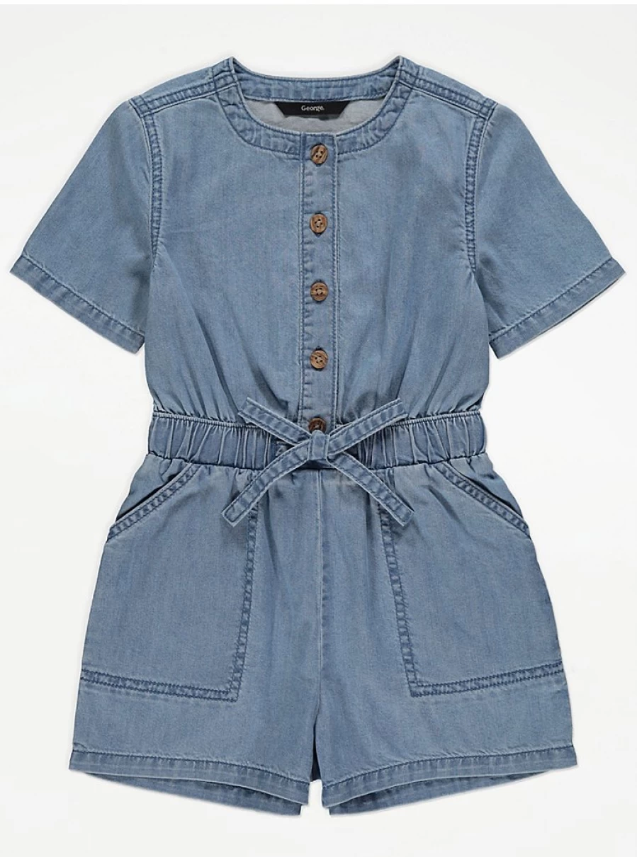 "Girls' Blue Denim Button-Up Playsuit | George at Asda | Comfortable & Stylish Kids Outfit"