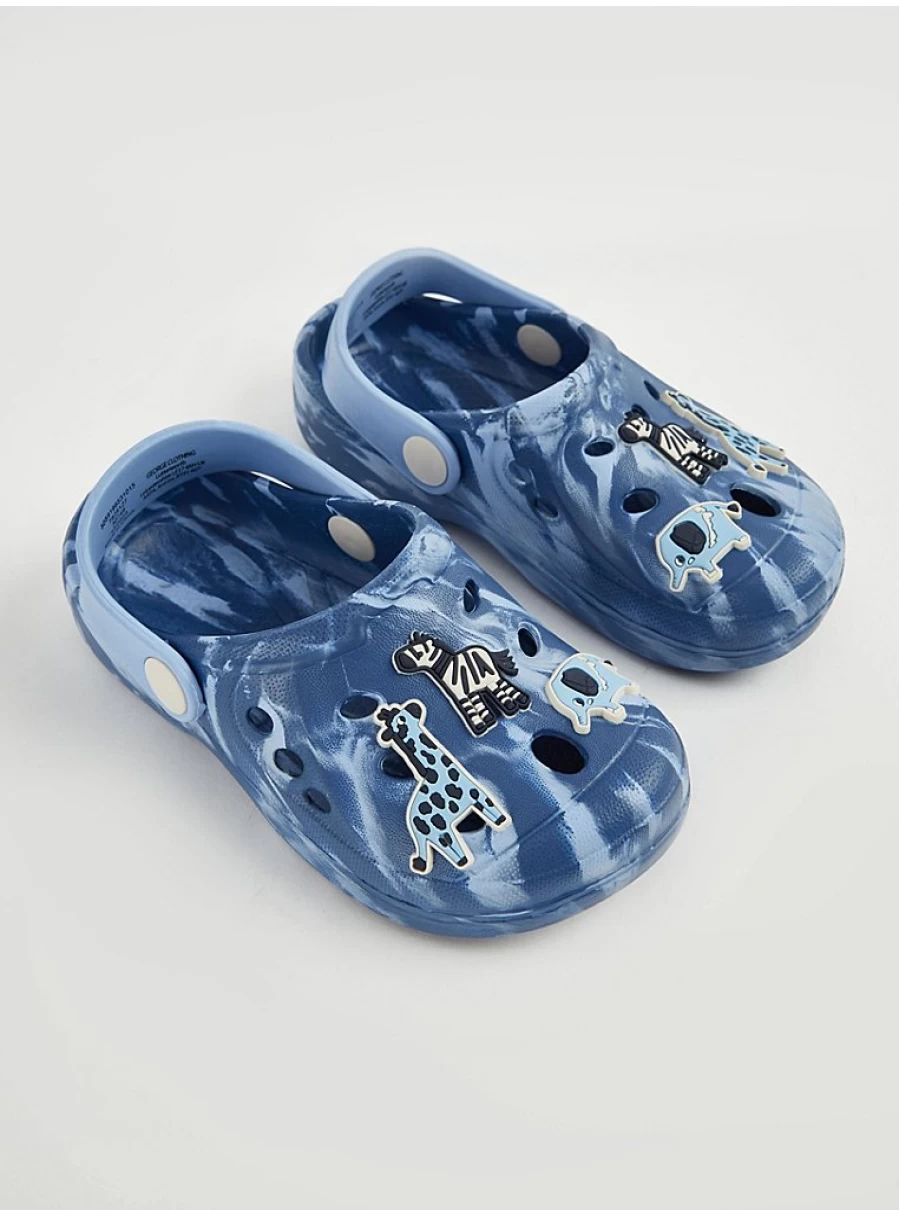 "George at Asda Boys' Blue Marble Animal Badge Clogs – Kids' Comfortable Slip-On Shoes"