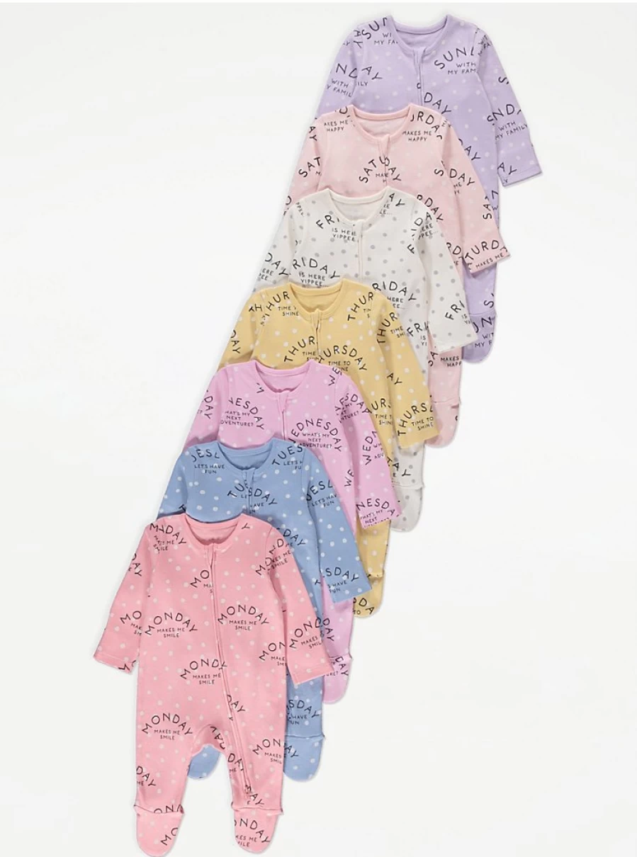"George at Asda Baby Pastel Spotty 7-Pack Days of the Week Sleepsuits | Soft Cotton Sleepwear Set"