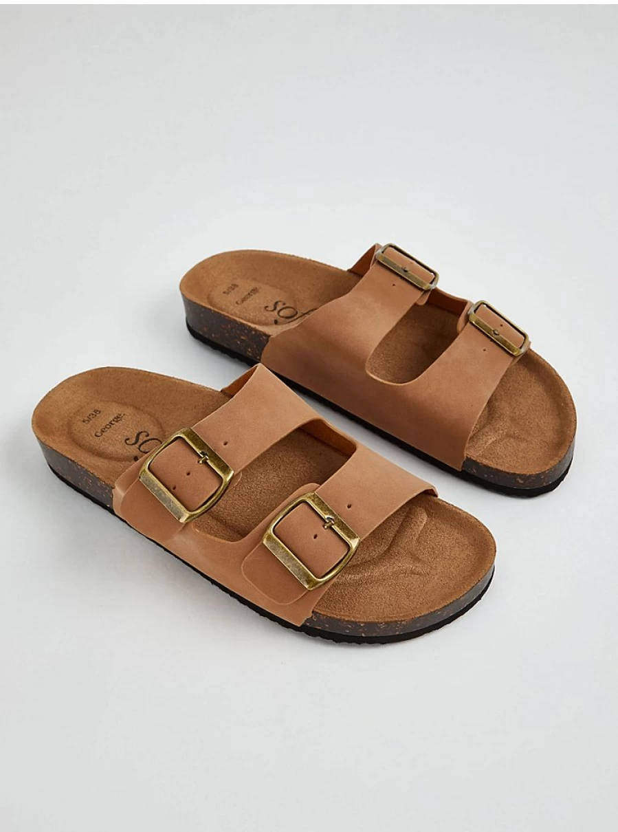 Women's Tan Double Buckle Flat Sandals | George at Asda | Comfortable & Stylish