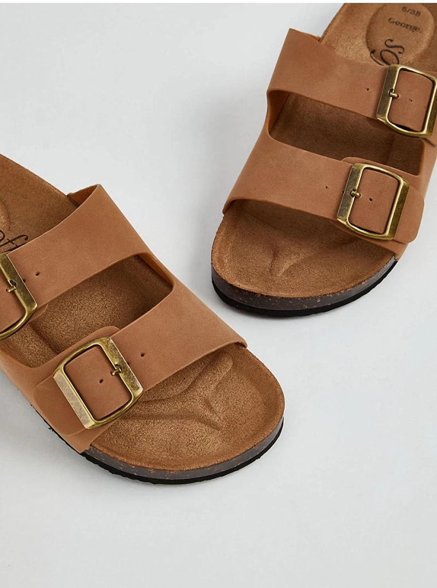 Women's Tan Double Buckle Flat Sandals | George at Asda | Comfortable & Stylish