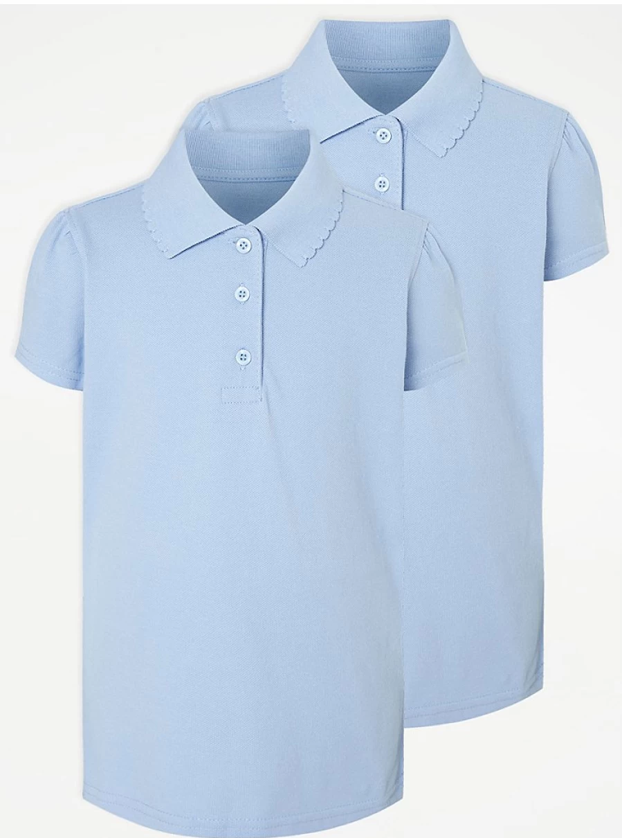 "George at Asda Girls' Light Blue Scallop Short Sleeve Polo Shirts 2-Pack for School"