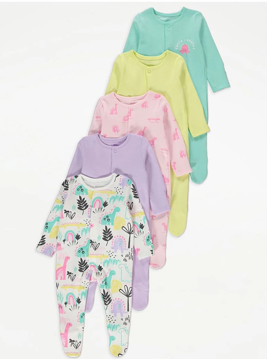 "George at Asda Baby Boys/Girls Dinosaur Sleepsuits 5-Pack | Soft & Bright Pajamas"