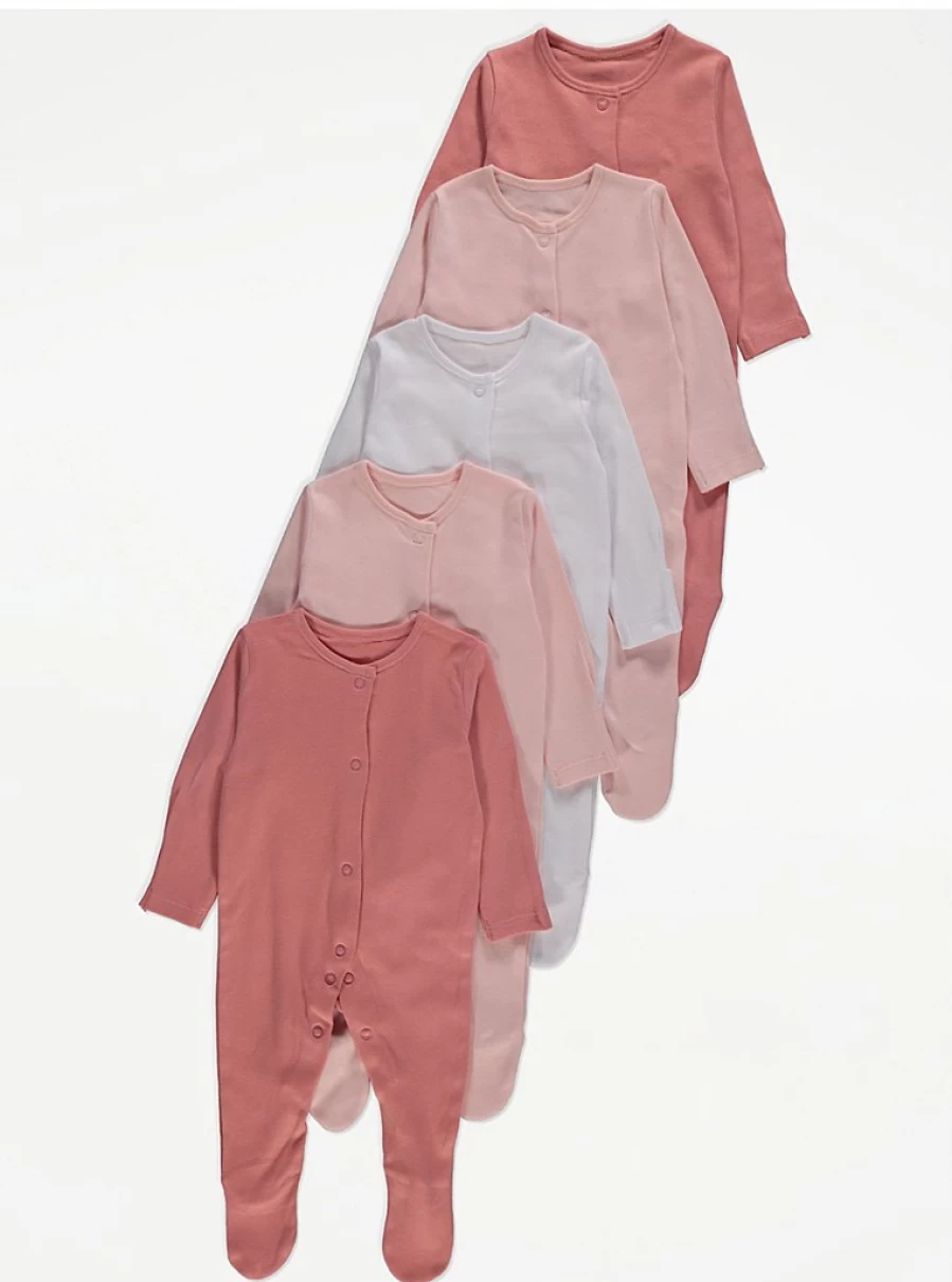 "George at Asda Baby Long Sleeve Sleepsuits 5-Pack – Soft Cotton Pajamas for Infants"