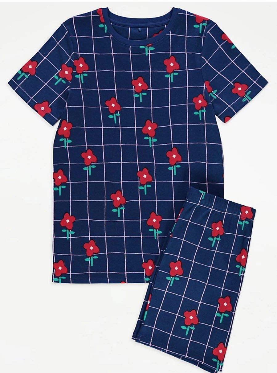 "George at Asda Kids Navy Grid Poppy Short Pyjamas – Comfortable & Stylish Sleepwear for Children"