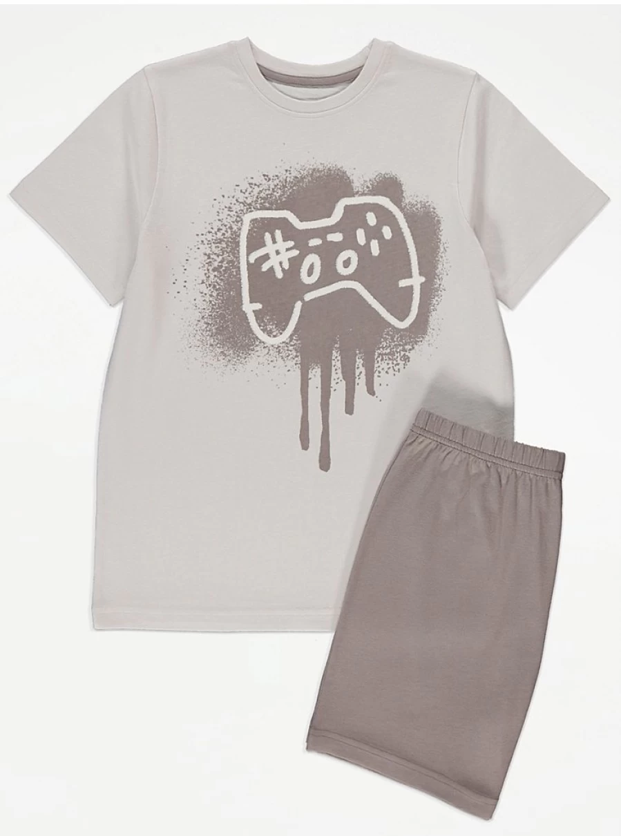 "Boys' Grey Game Controller Print Short Pyjamas | George at Asda"